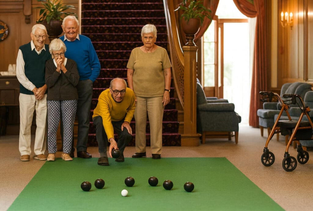 care residents playing indoor carpet bowls
