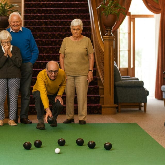 care residents playing indoor carpet bowls
